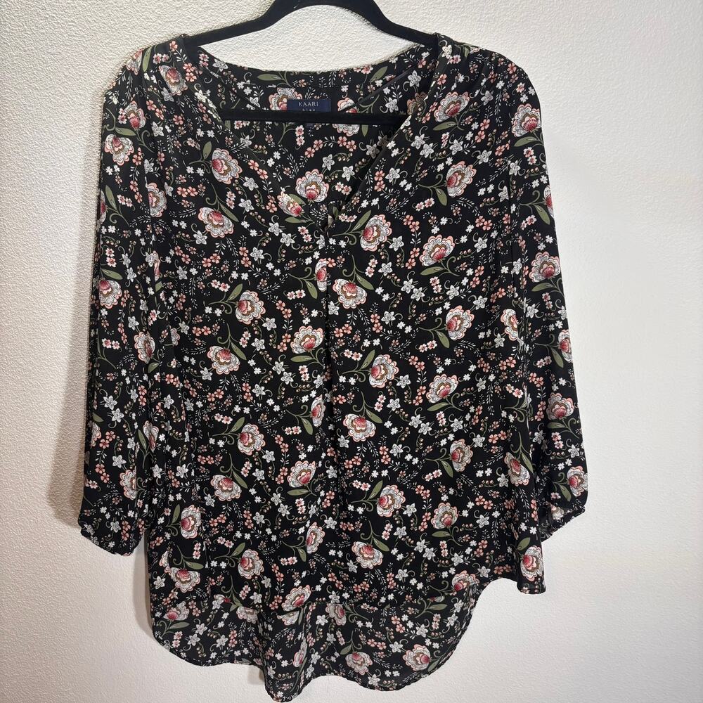 Kaari Blue Floral Peasant Blouse Black Pink Long Sleeve Split Neck Size L